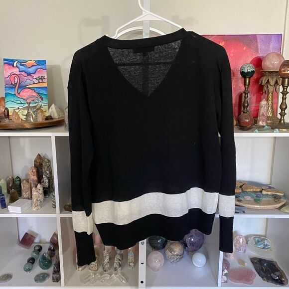 WHITE + WARREN linen blend sweater stripe quiet luxury classic high quality med - Picture 2 of 4